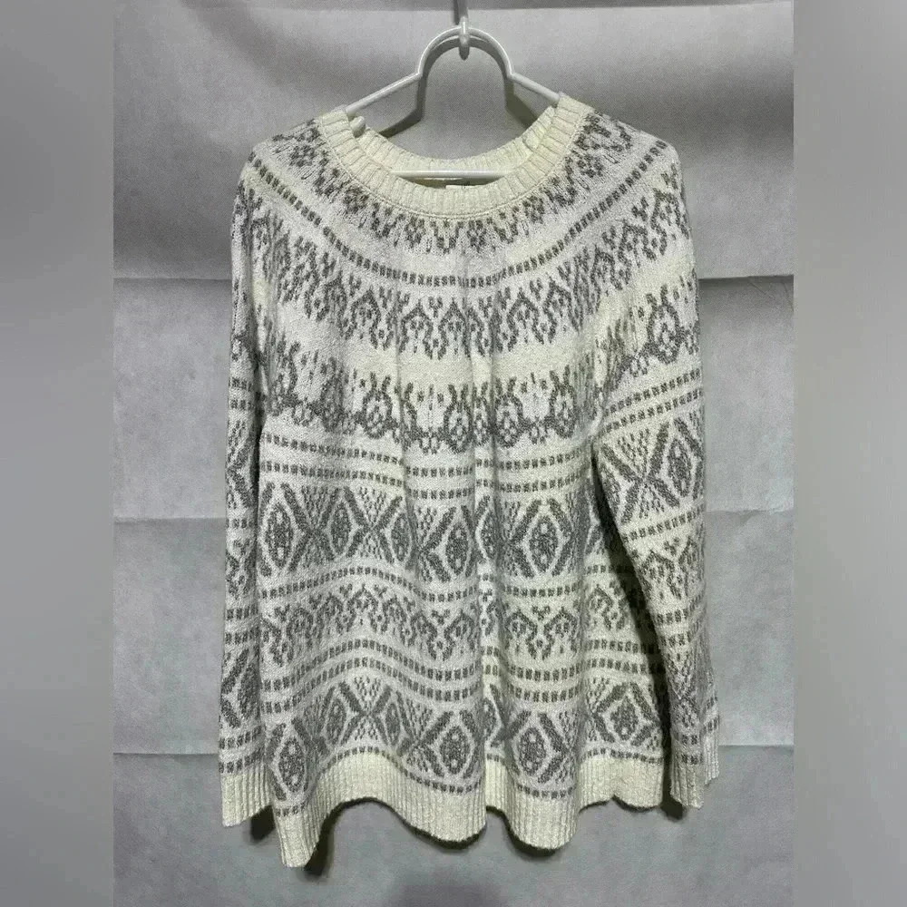 J Jill Fair Isle Nordic Sweater Women’s Size Large Ivory Gray Textured Knit